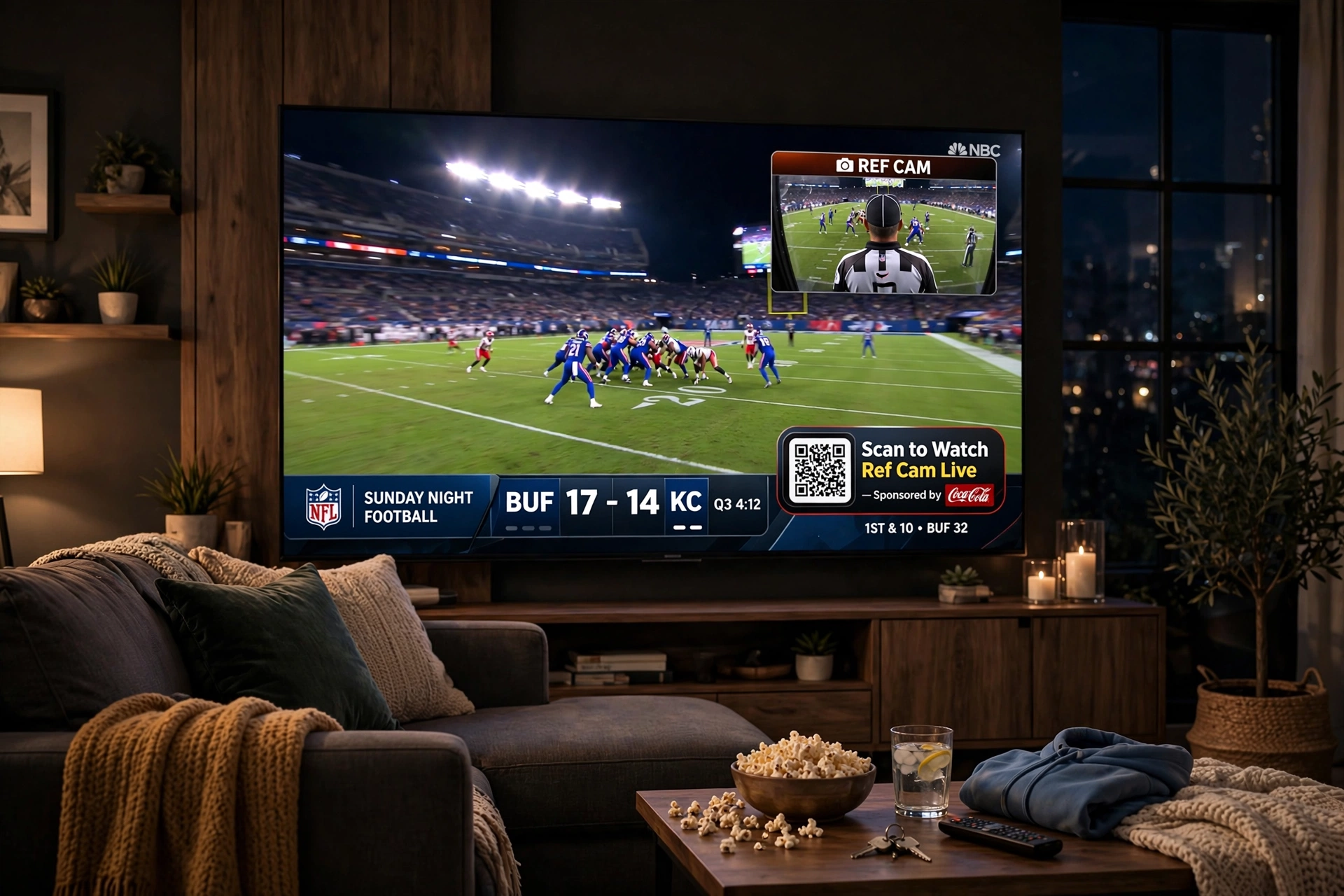 TV showing live broadcast with sponsored QR banner for the Ref Cam angle
