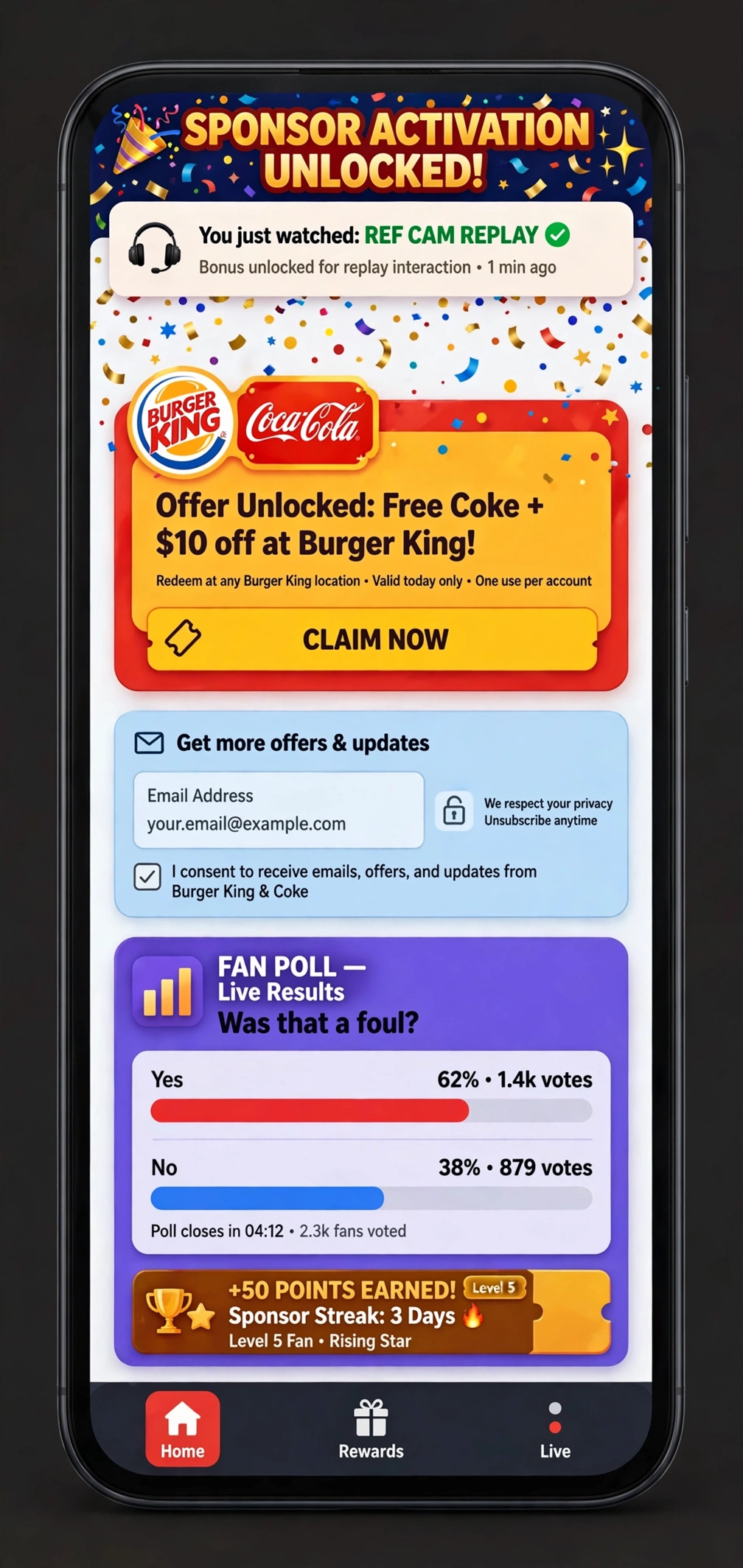 Sponsor activation screen with offers, polls and reward claims